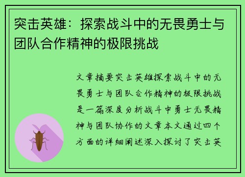 突击英雄：探索战斗中的无畏勇士与团队合作精神的极限挑战