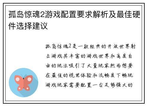 孤岛惊魂2游戏配置要求解析及最佳硬件选择建议