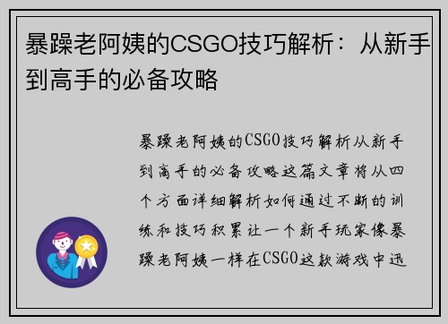 暴躁老阿姨的CSGO技巧解析：从新手到高手的必备攻略